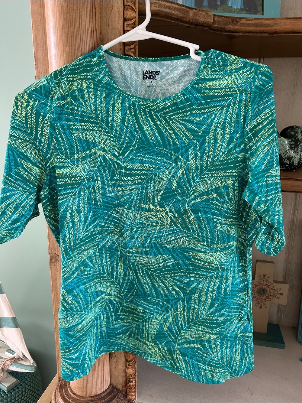 Lands' End Teal and Lime Palm-Print Elbow Sleeve Rash guard